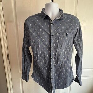 Blue and white floral button-up shirt